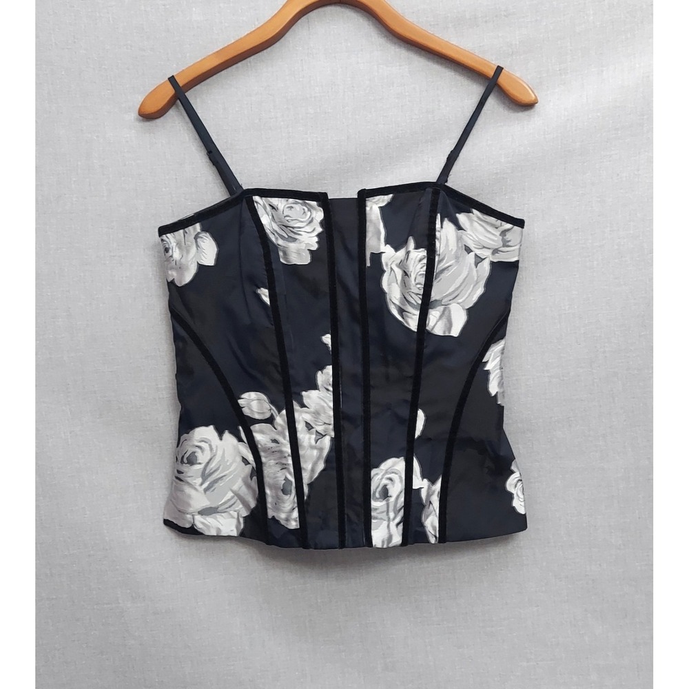 White House Black Market Floral Y2K Bustier Top 4 Corset Velvet Party Black